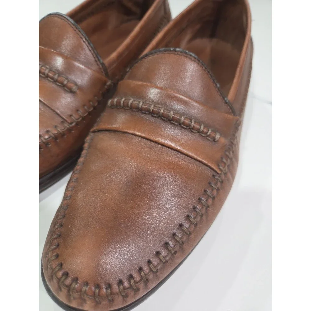Brass Boot Men's 9.5 Cognac Brown Leather Slip On Braided Penny Loafers SB9